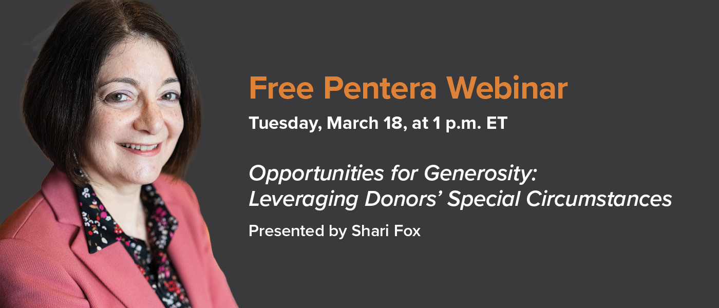 Webinar 3/18: Shari Fox, “Opportunities for Generosity: Leveraging Donors’ Special Circumstances”